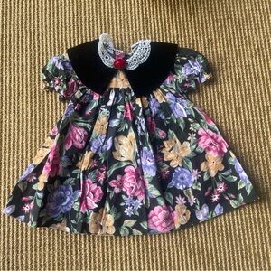Vintage 90s Jolene Floral Collared Dress - Size 2T Velour Bib Retro Fall Winter